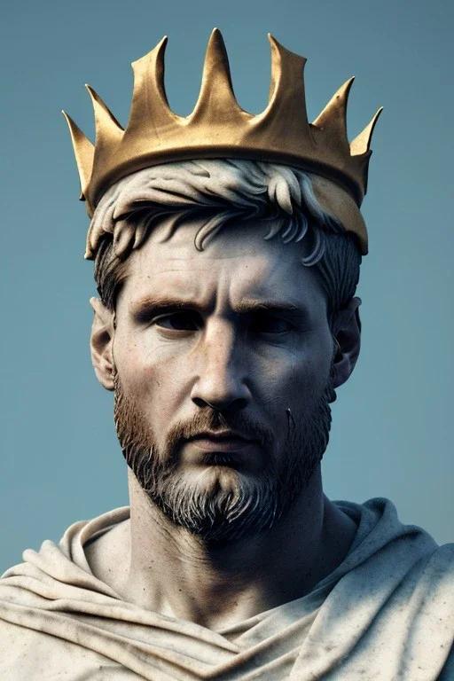 Ultra Realistic image, Roman sculpture, white marble material, Lionel Messi, gold crown of natural thorns, god crown, Renaissance style, sun rays background, waist up portrait, epic, celestial, cinematic lighting, God lights, 4k resolution, smooth details, soft lighting, unreal engine 5, art station, substance 3d.