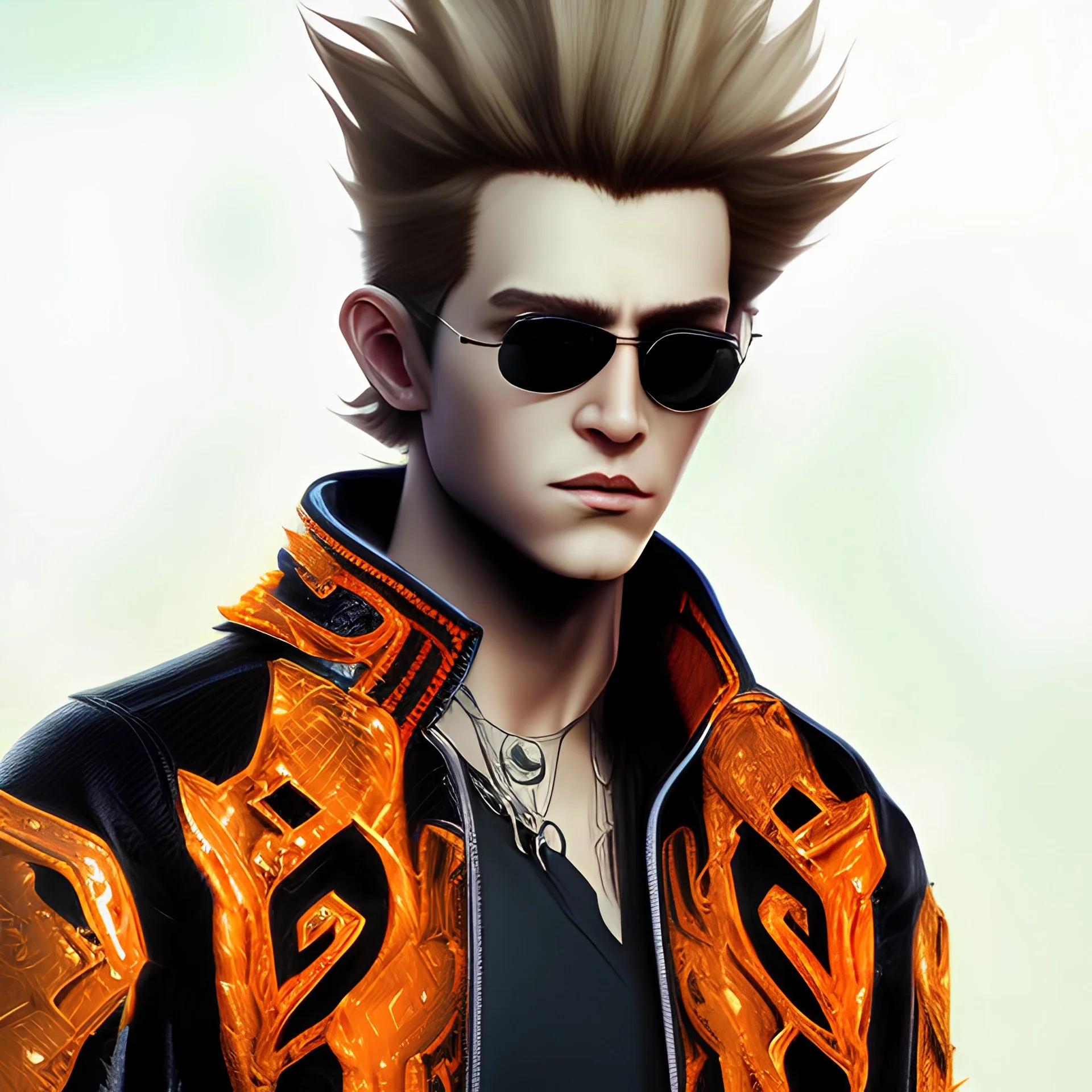 mafia leader, opaque black glasses, orange jacket, spiky hair, (short beige hair:1.2), realistic, full body view, epic pose, realistic