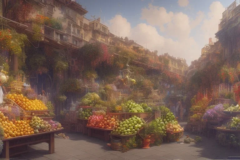 a greengrocer in colorful palma de mallorca street, 1993, spanish mediterranean sea, waterfront, alphonse mucha, greg rutkowski, matte painting, vplumetric lighting, volumetric clouds, maya render, hyper detailed, 8k, uhd, exaggerated colors, fantasy art, felix kelly, seb mckinnon, jessada sutthi, boris vallejo, lin chen