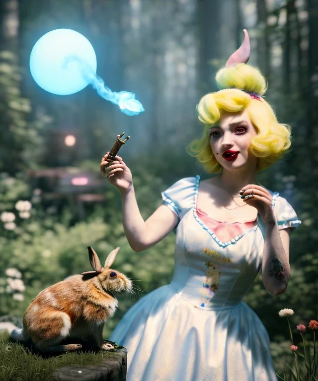 Ultra realistic wonderland photo, happy blonde woman smoking a pipe, blue dress, white rabbit pet, circus dress style, old school tattoo, smoke, marijuana garden, glow eyes, perfect iris, soft color, highly detailed, unreal engine 5, ray tracing, RTX, lumen lighting, ultra detail, volumetric lighting, high definition.