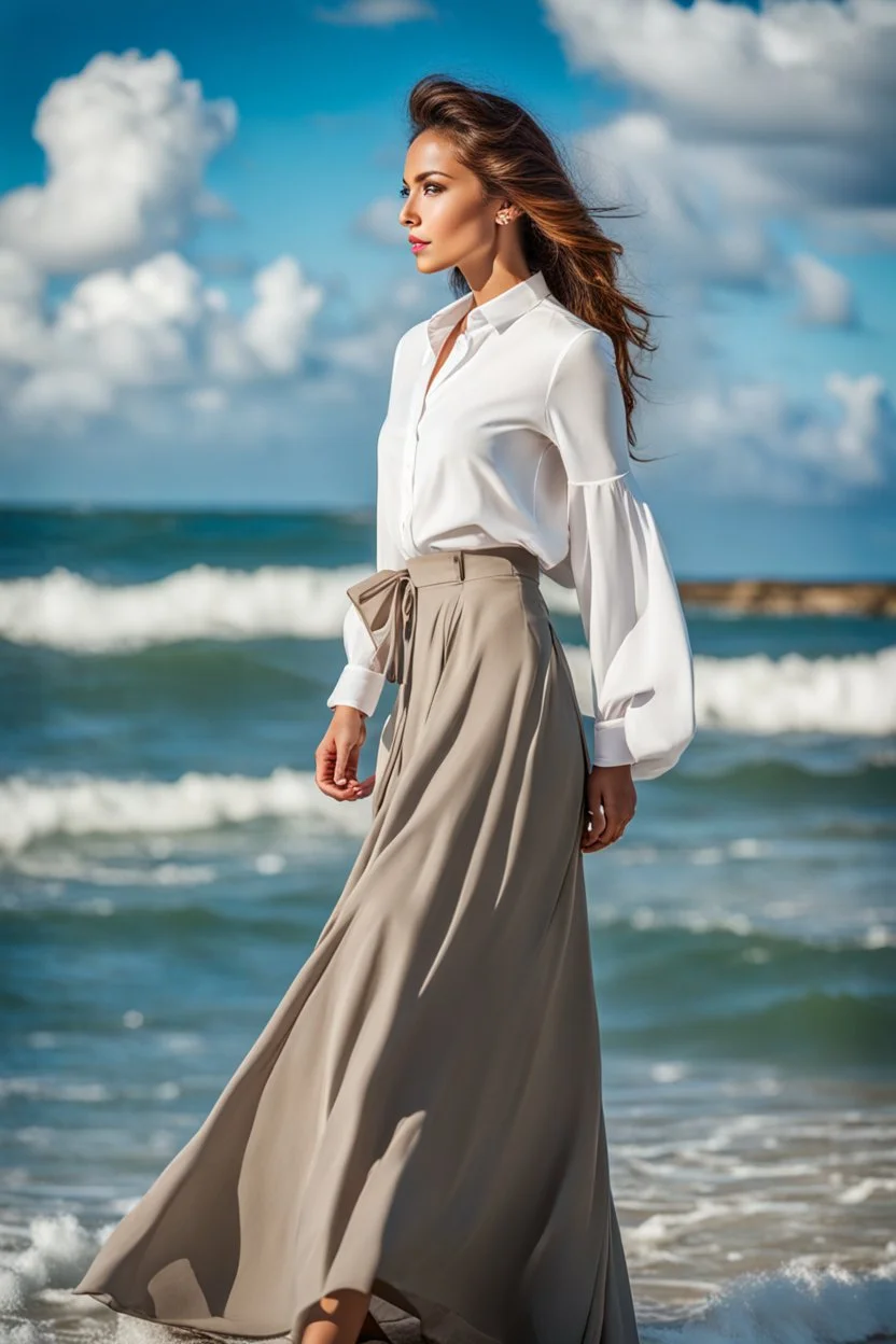 young lady wearing beautiful maxi blue skirt and elegant long shirt standing in beach posing to camera ,upper body shot,ships in sea ,blue sky nice clouds in background