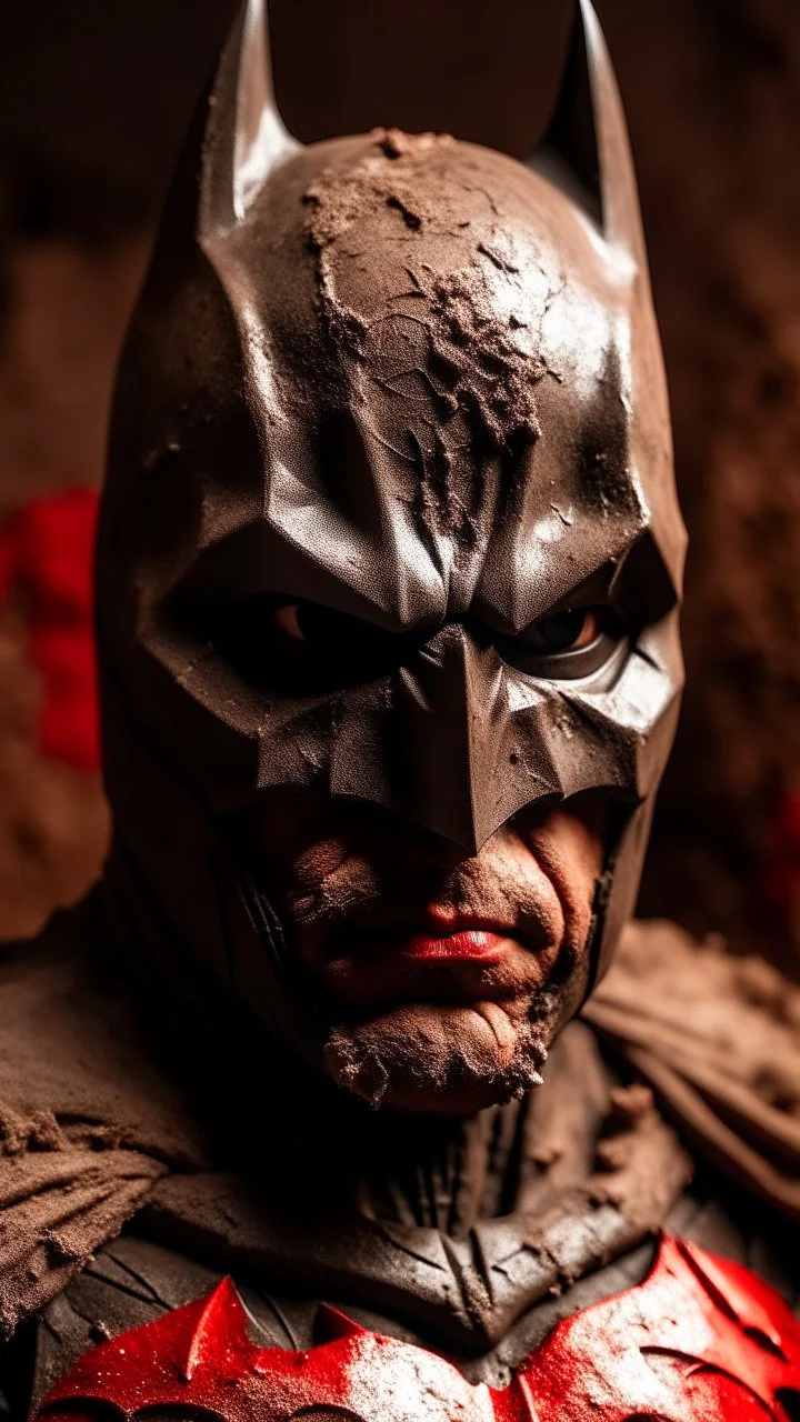 Texture made of coffee powder and dirt of batman has bad painting of red color on his face