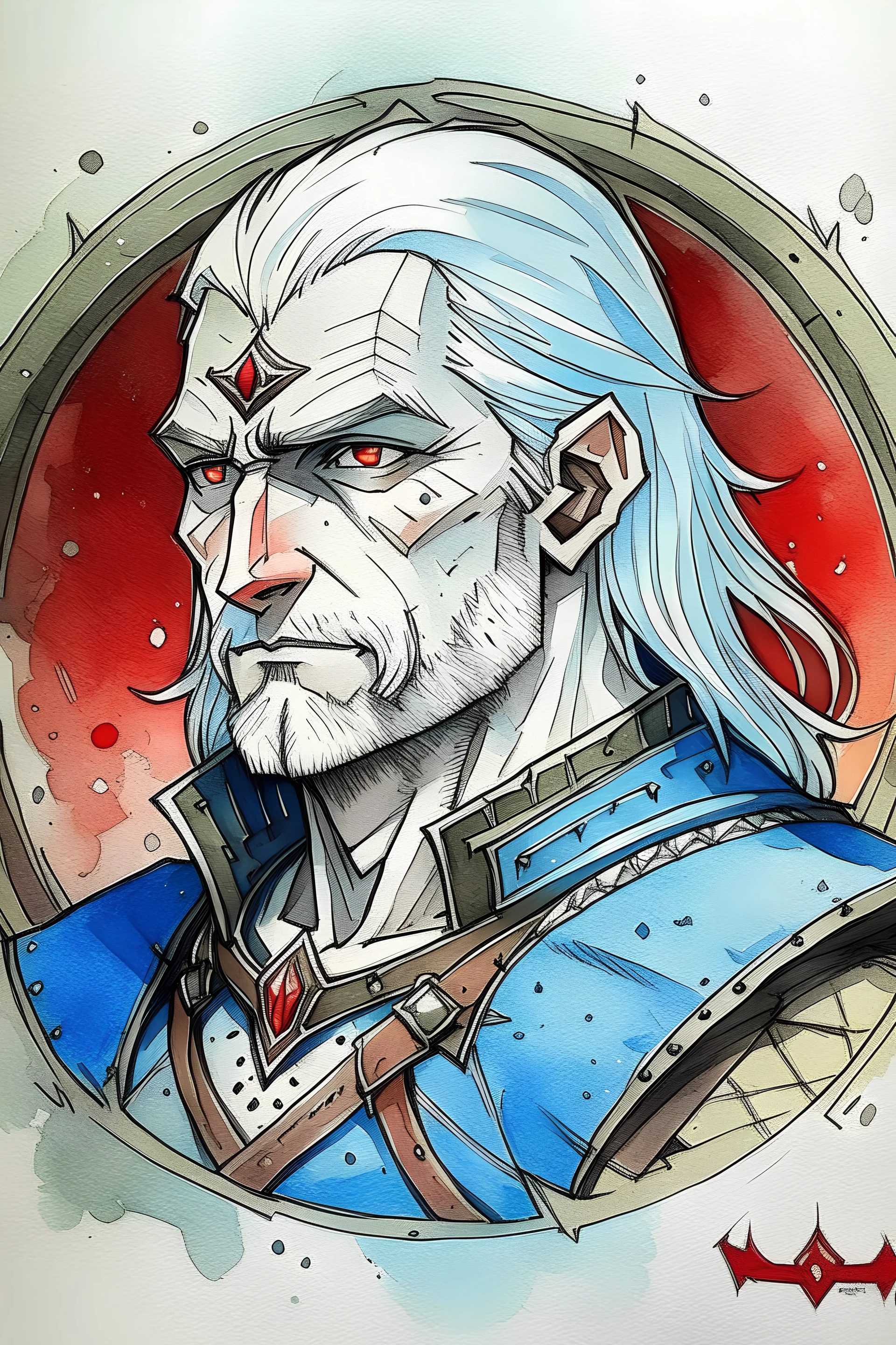 Geralt from the Witcher in pastel aquarel style similar to amano