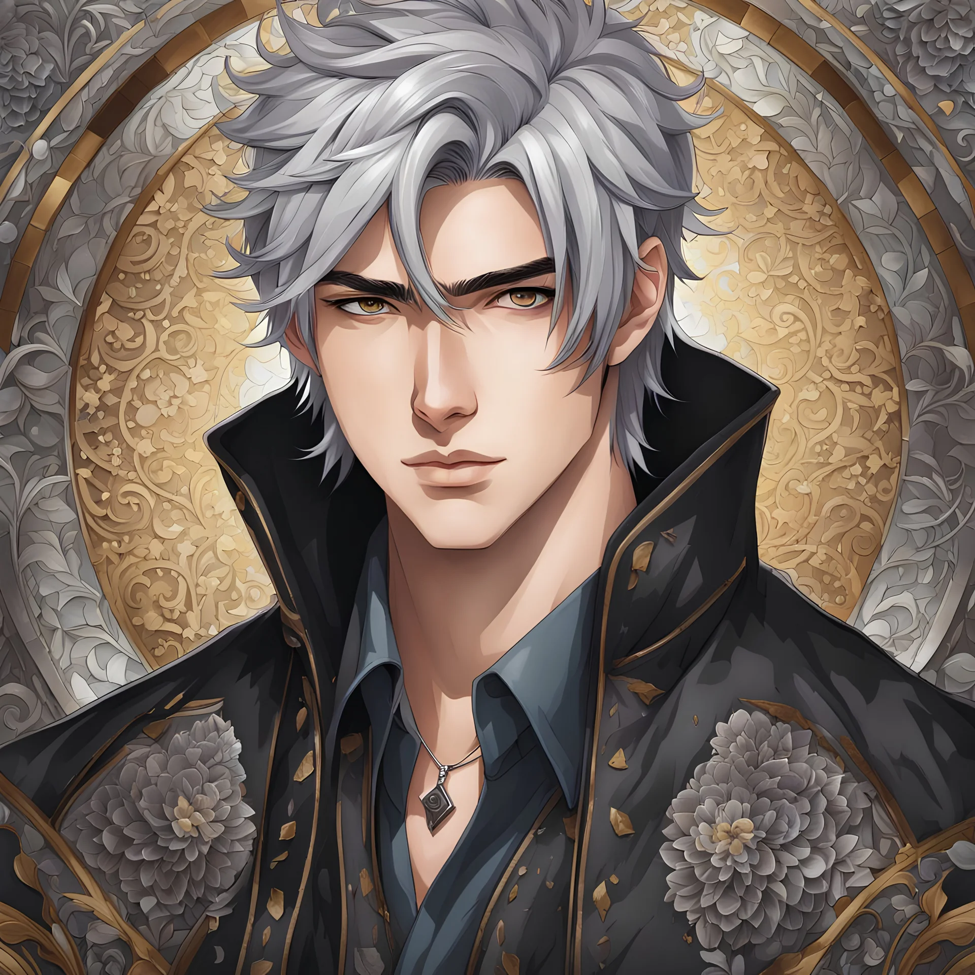 A stunningly detailed (((headshot portrait))), capturing the essence of a young man in his 20s with silver hair and piercing gray eyes, exuding a sense of confidence and protection, anime realism style, intricate mosaic backdrop