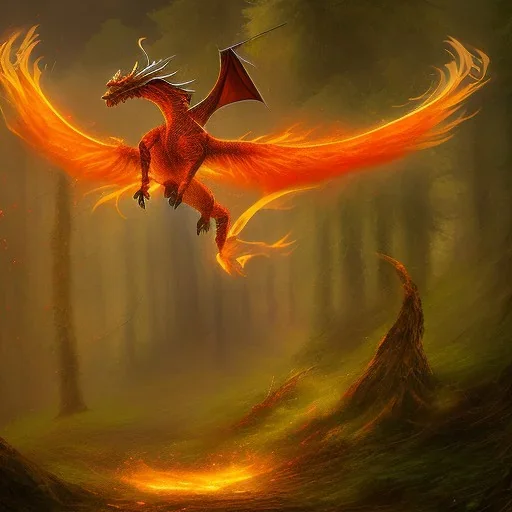 Fire dragon flying over a forest