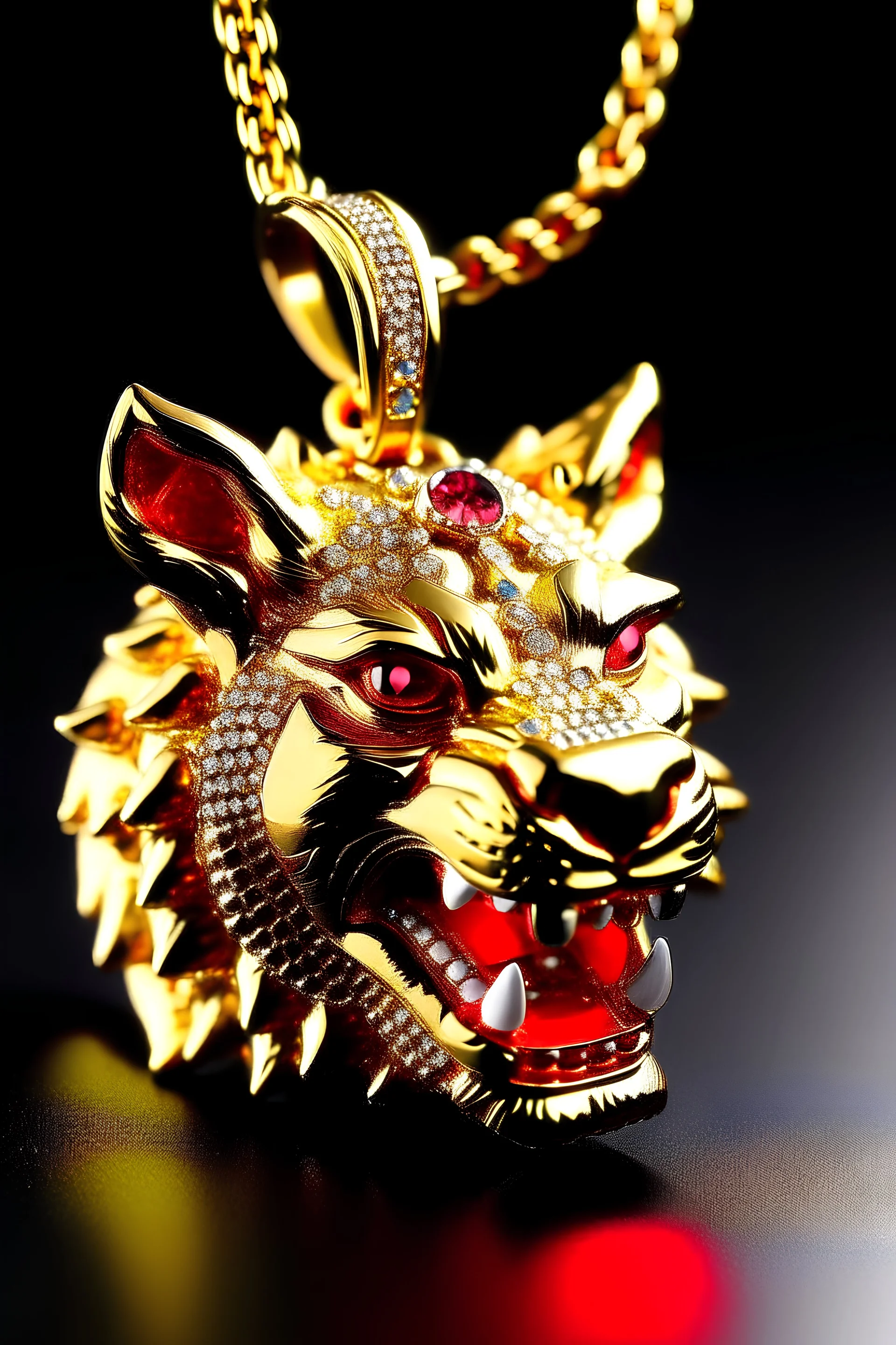 A big pendant for a gold chain, iced out pumba from the lion king with rubies as eyes, fangs in gold