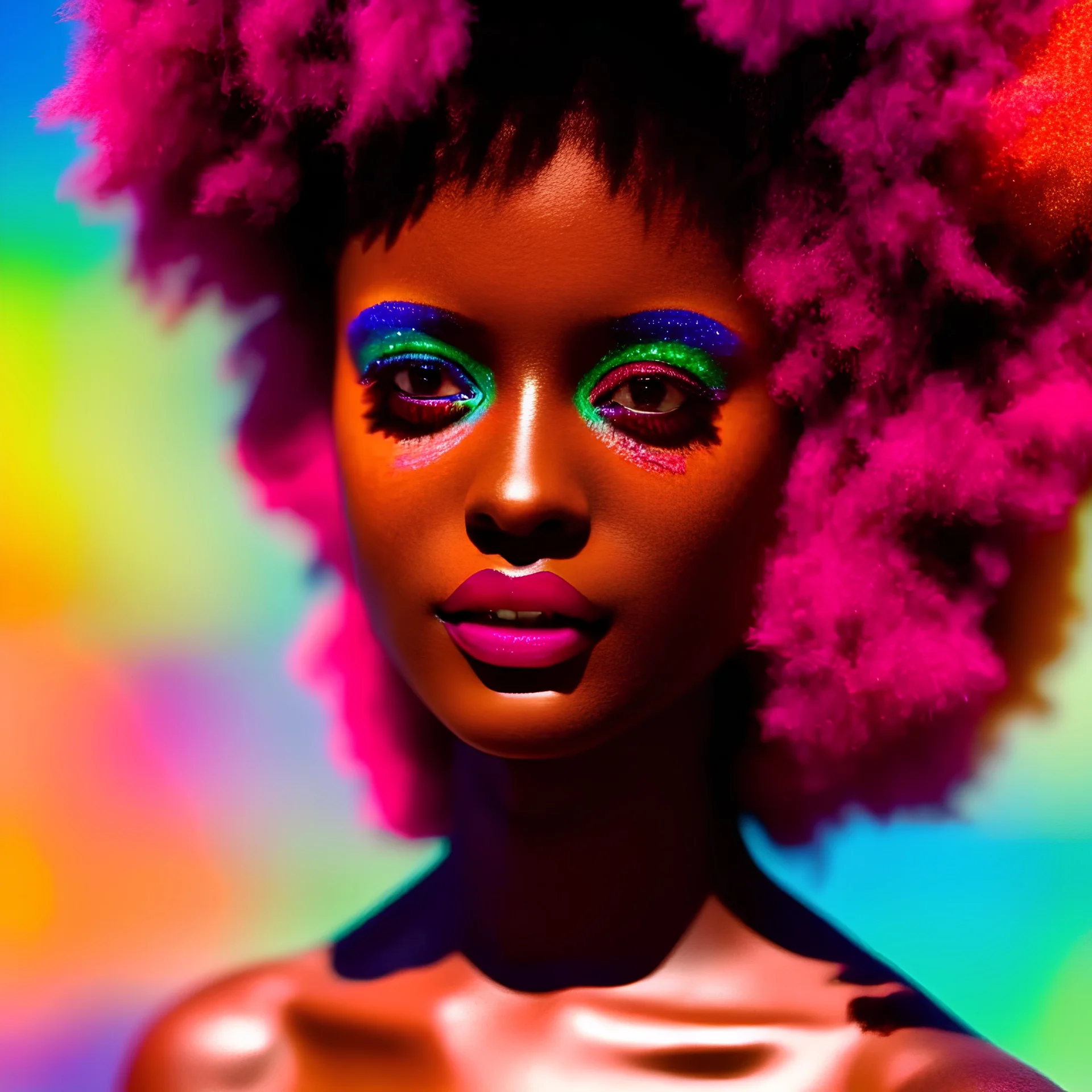 full body shot, masterpiece, best quality, family of three, dark skinned, sparkling eyes, fluorescent skin, colorful makeup, afro, highly detailed body, sun light, 4K, RAW, depth of field, high contrast, realistic details, 24mm