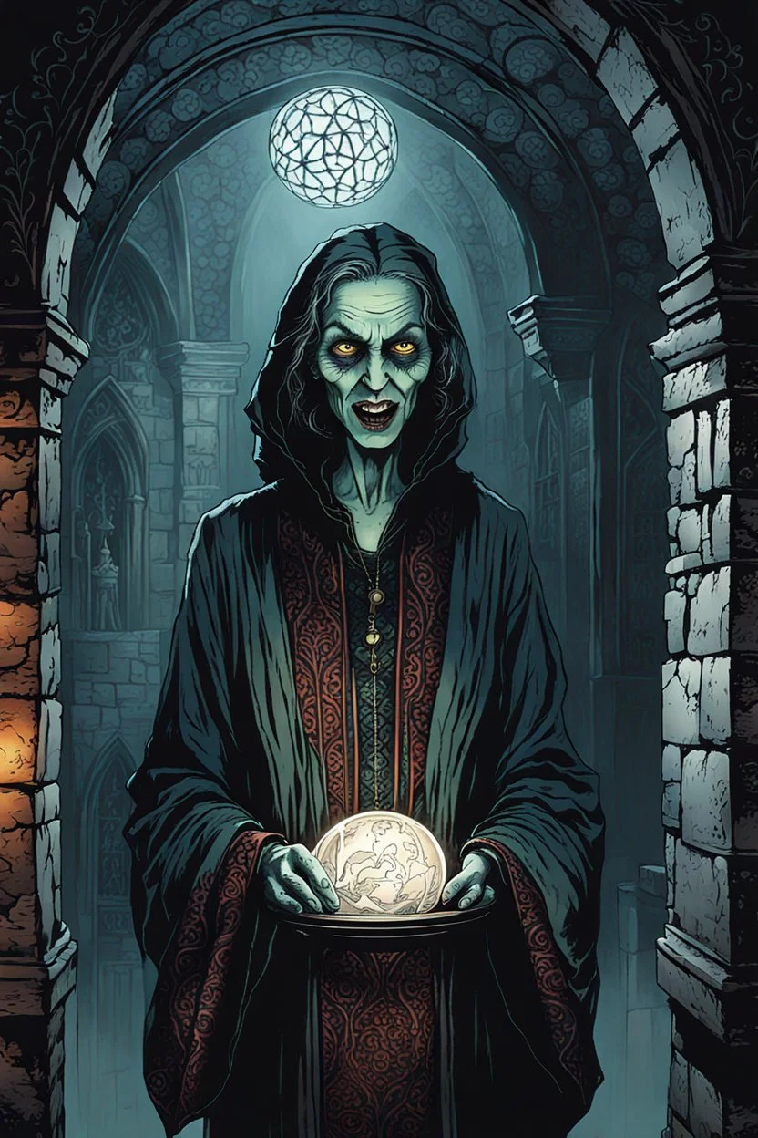 create a fine art print illustration of the spectral shade of an aged, emaciated 13th century Jewish female vampire fortuneteller, clothed in an ornate but ragged bliaud with highly detailed feminine facial features, in the catacombs of the old city of Krakow, shrouded in a fetid mist at midnight , in the comic book art style of Bill Sienkiewicz, and Jean Giraud Moebius, finely textured, drawn, colored, and inked