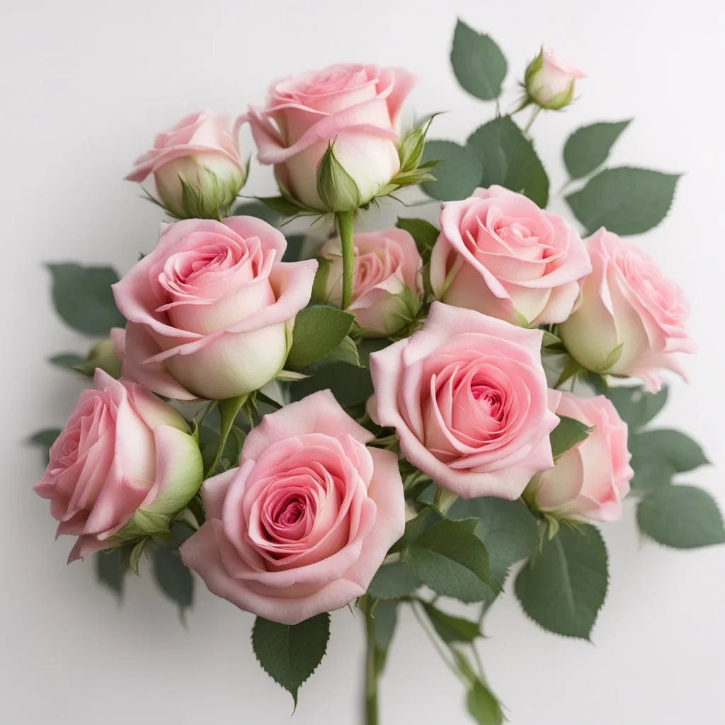 A bouquet of pink roses with delicate green on a light background