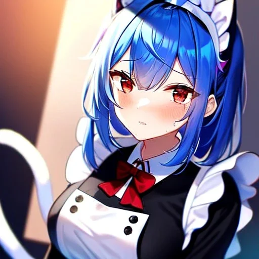 Clear focus, 8k, cat girl, high quality, detailed, blue hair, red eyes, beautiful lighting, vibrant colors, tail, nervous, maid