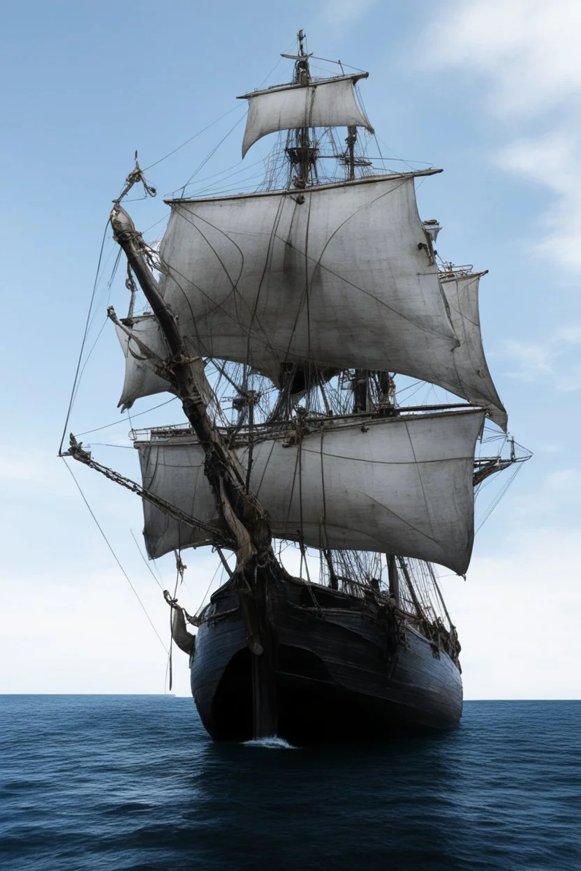 front view of a wooden ship with a spider figurehead