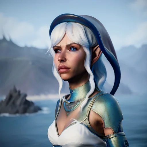 [Sea Elf] [Maormer] Hero Queen with [white hair] and [blue skin] on a ship with crew [fantasy] [realism] [Elder scrolls]