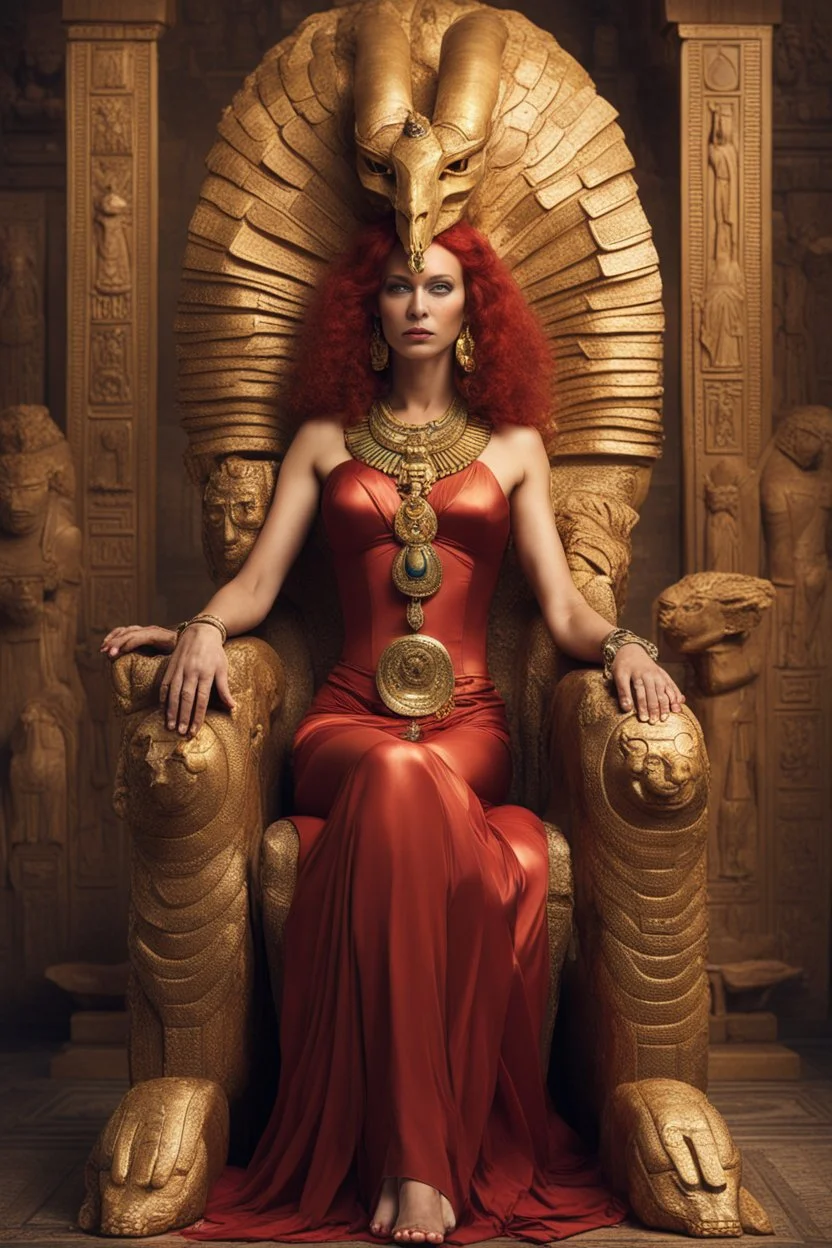 A mature Egyptian goddess with red hair and amber eyes, wearing a red silk gown and a necklace of scarabs. She is sitting on a throne made of gold, carved with the head of a wise and ancient dragon