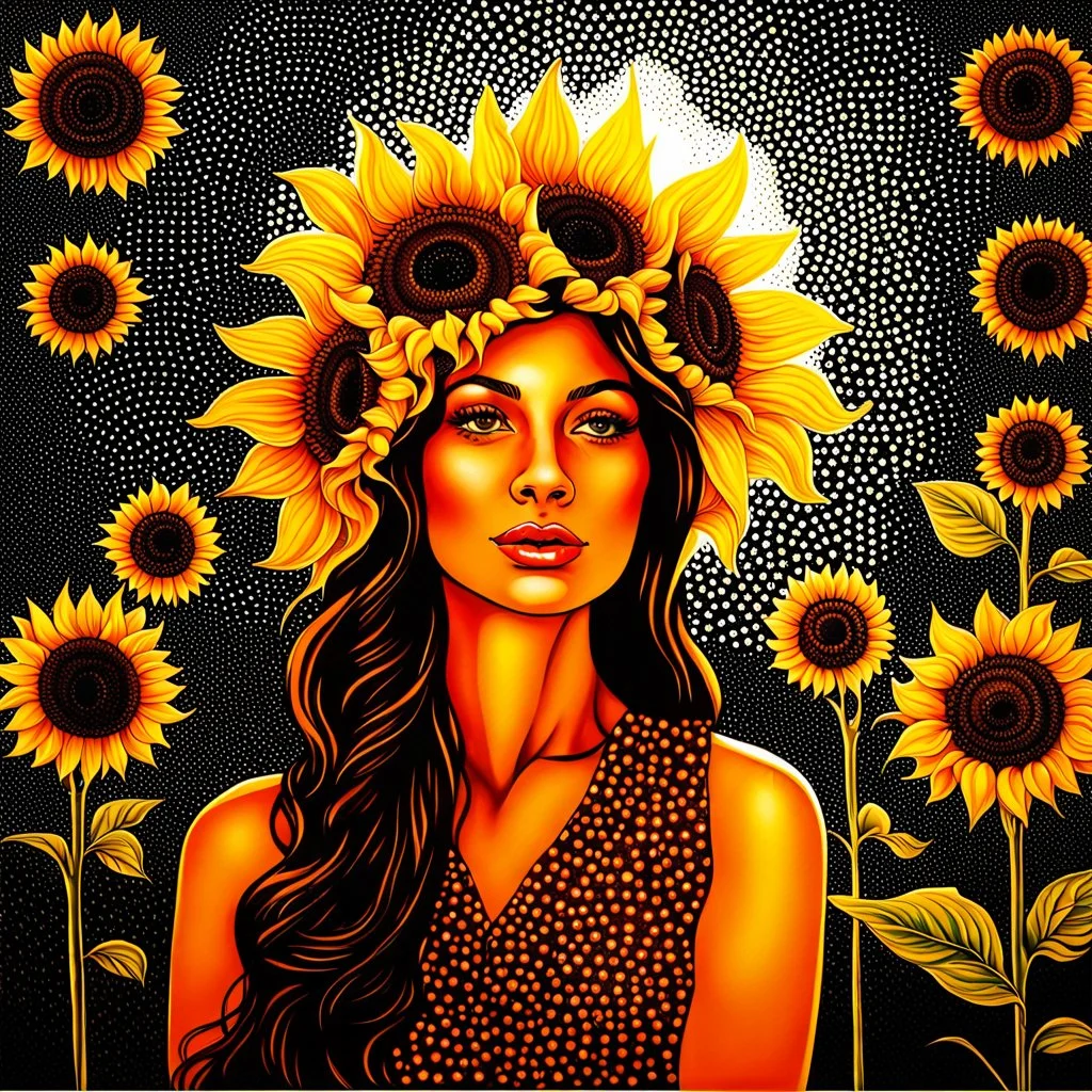 Portrait of a woman, sun and sunflowers, eclectic harmonic dot art