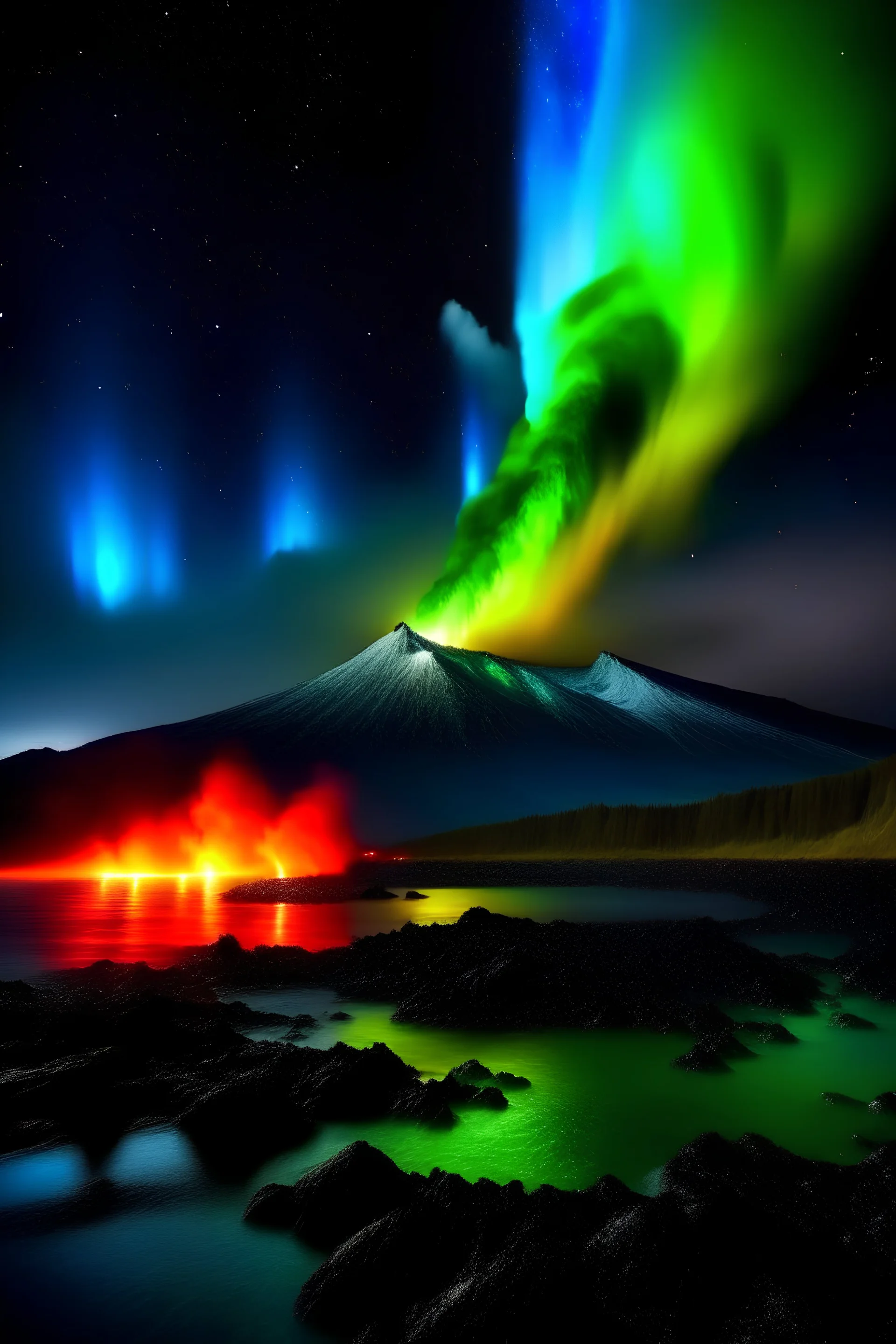 aurora boreal, volcán con lava