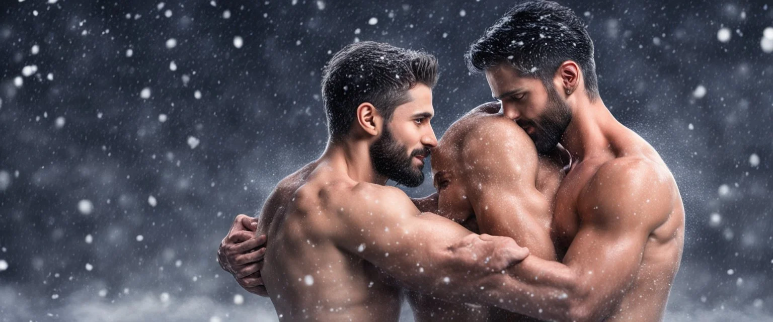 Hyper realistic shirtless muscular shahid kapoor hugging Justin timberlake at snowfall night