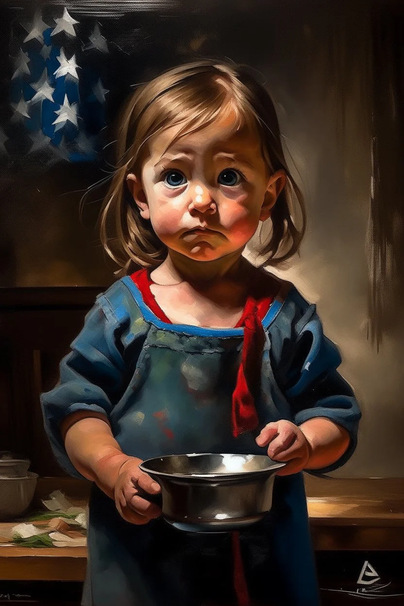 an expressive painting of a 3 years old girl poor with Ruth clothes asking for food with a pan in her hand painting, with American flag in the background, we might see a companion with features of absolute strength and determination, blended with warmth and deep faith. Perhaps his face expresses wisdom and courage, with eyes radiating confidence and faith.