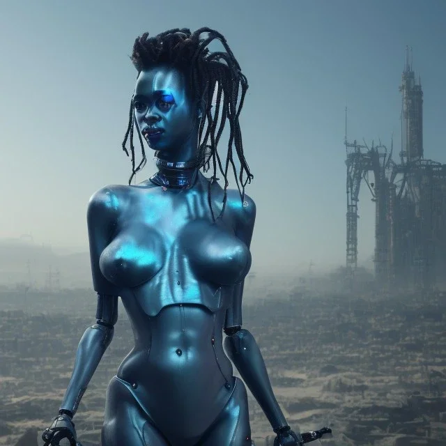 portrait,beautiful african robotic sirene, post-apocalyptic in a cyberpunk city, realistic, intriacte detail, sci-fi fantasy style, volumetric lighting, particales,highly detailed,cinematic, deep blue.