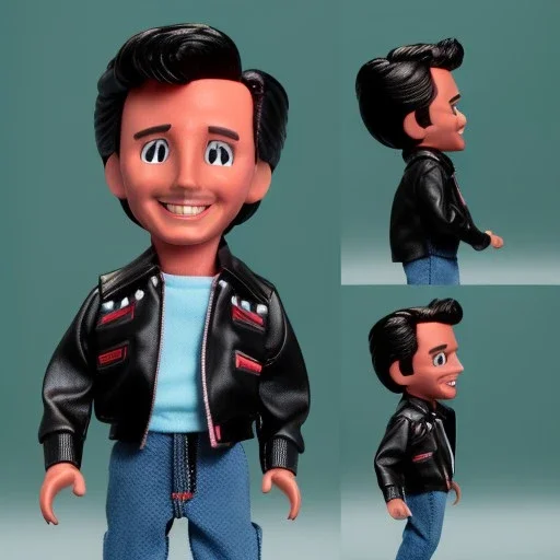 wide view young Plastic Fonzie with black hair greaser toy Action figure doll 1975 (thumbs-up) (face) Forehead grin, fonzarelli, jukebox background, eyes