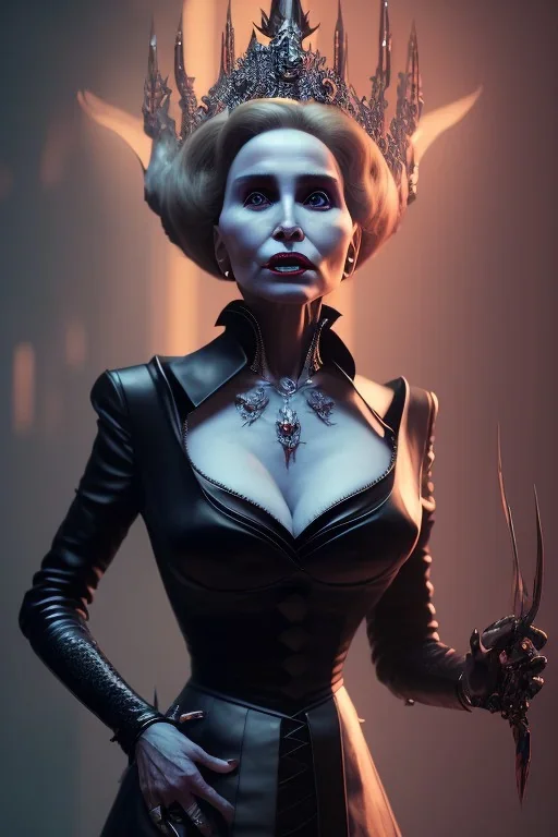 Constance Langdon as evil queen in black leather, leather, busty, cleavage, angry, stern look. character design by cory loftis, fenghua zhong, ryohei hase, ismail inceoglu and ruan jia. unreal engine 5, artistic lighting, highly detailed, photorealistic, fantasy