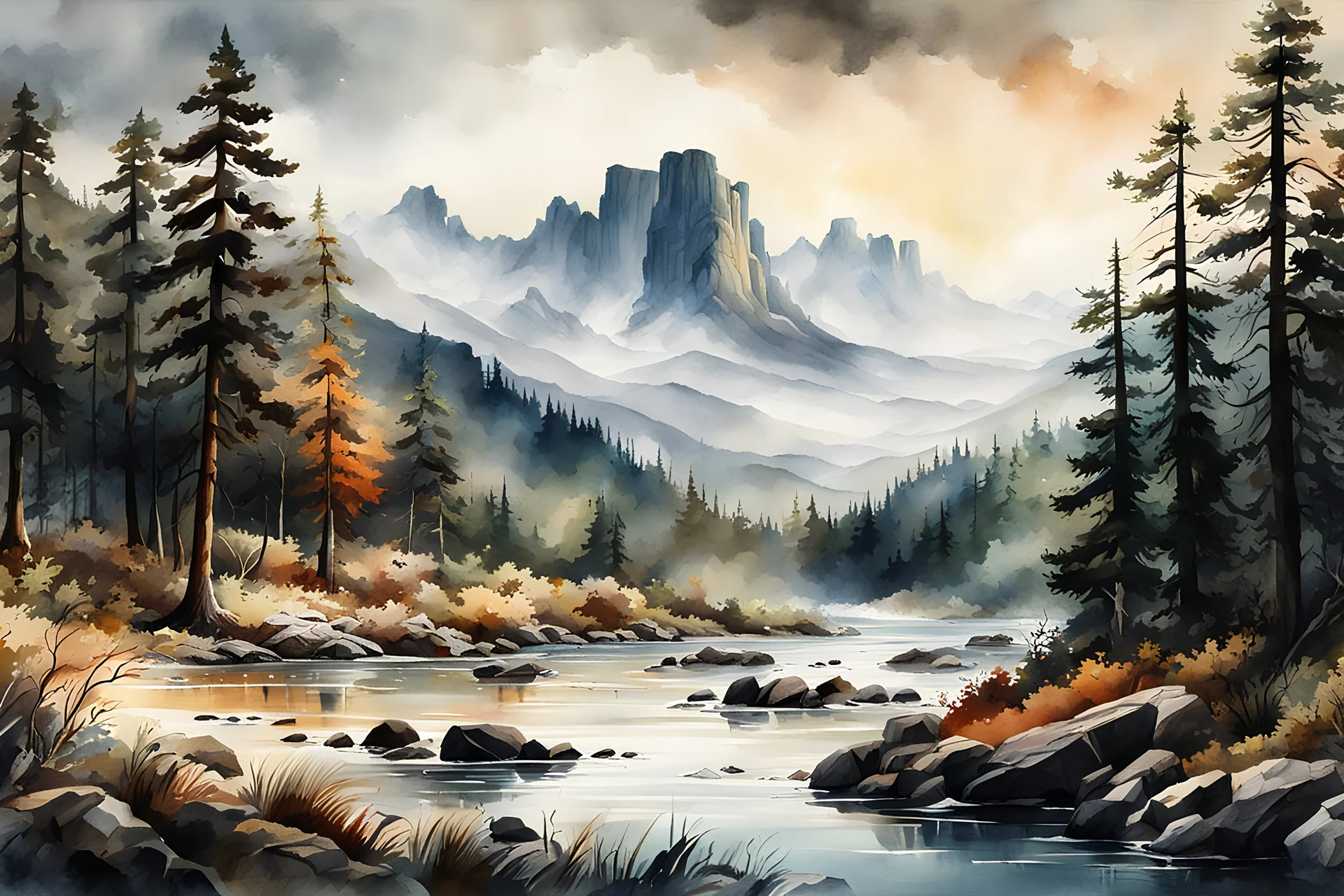 watercolor painting of the untamed American wilderness in the style of Karl Bodmer, rendered as an aquatint, with a fine art aesthetic, highly detailed , 4k UHD cinegraphic quality