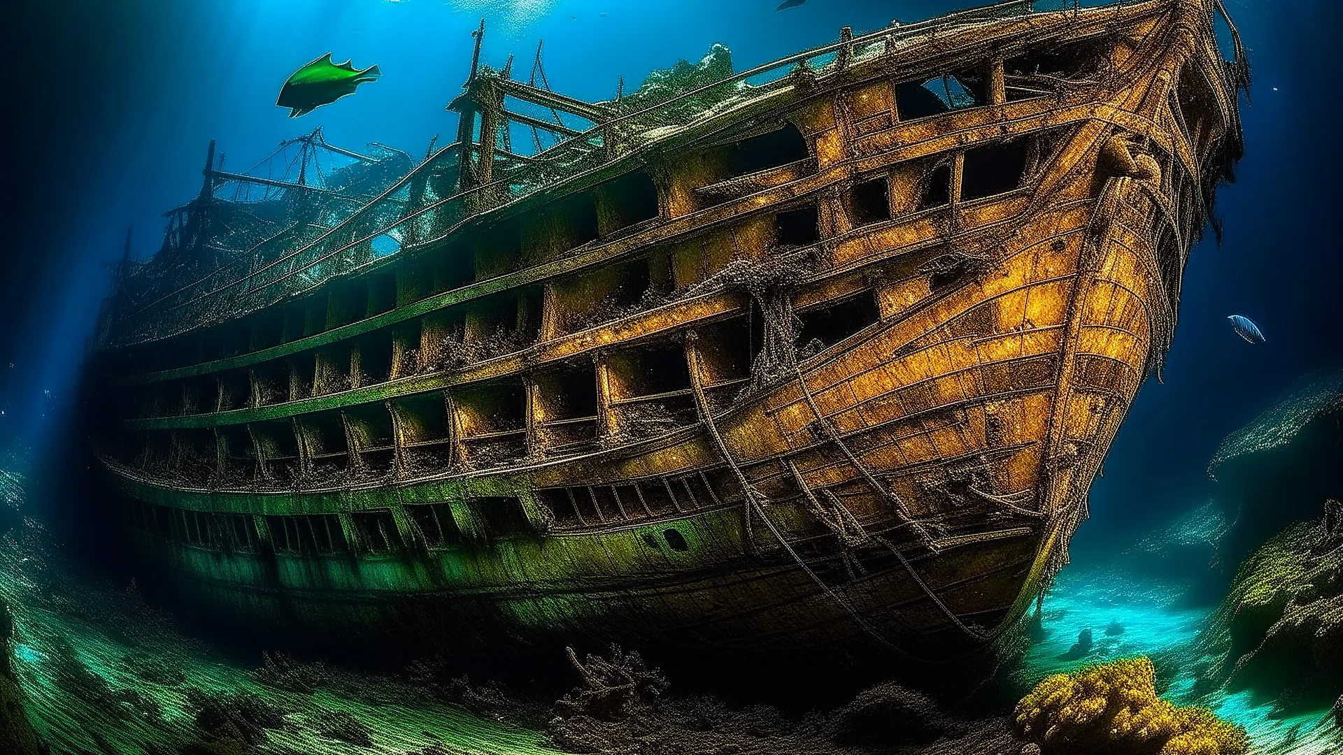 "A majestic shipwreck lies buried in the abyssal depths, its once proud sails now tattered and shrouded like ghostly shrouds. Sunken treasures glimmer in the dim light filtering through the water, casting an ethereal glow over the coral-encrusted hull. Schools of bioluminescent fish dart around the wreck, their light creating a mesmerizing dance of colors against the dark backdrop. The scene is infused with surreal elements, where the ship's decay merges with fantastical sea creatures and dreaml