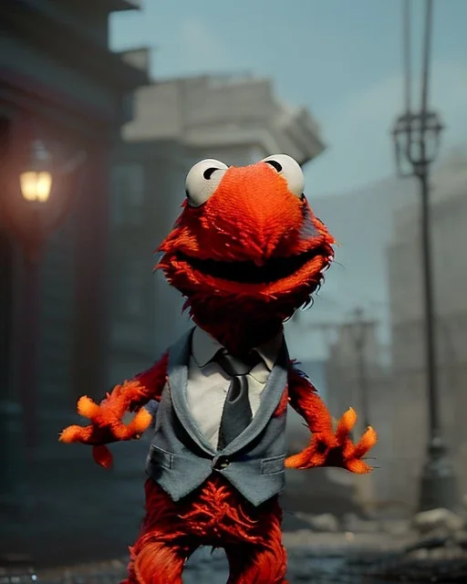 hybrid character, Elmo muppet head, realistic man body, human arms and hands, Shirt and tie, surreal concept art, smooth, unreal engine 5, god lights, ray tracing, RTX, lumen lighting, ultra detail, volumetric lighting, 3d, finely drawn, high definition, 4k.