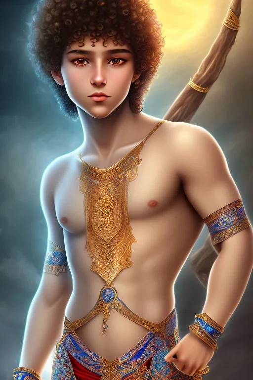 beautiful 12 year old arabic boy with curly hair and light blue eyes dressed in short loincloth