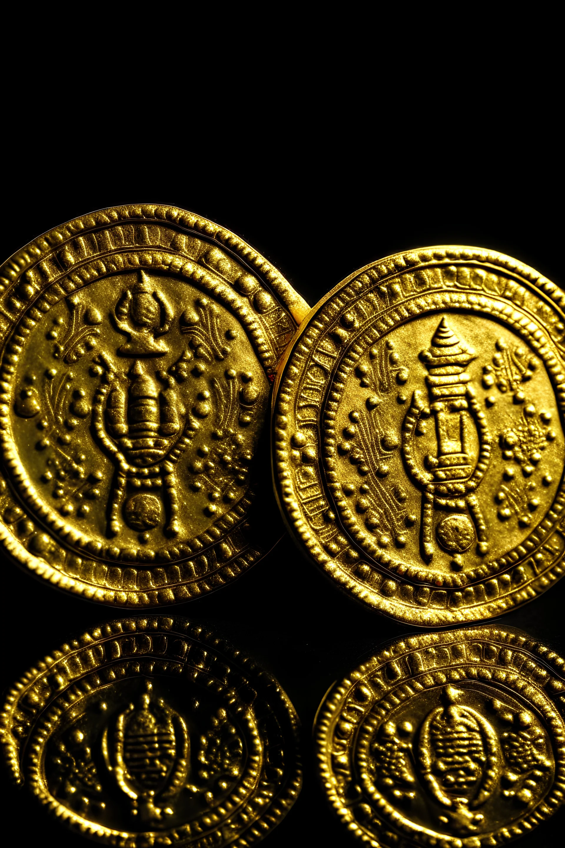 Picture of a coin from both its front and back, made of gold with a crown on the front and crossed swords the back.