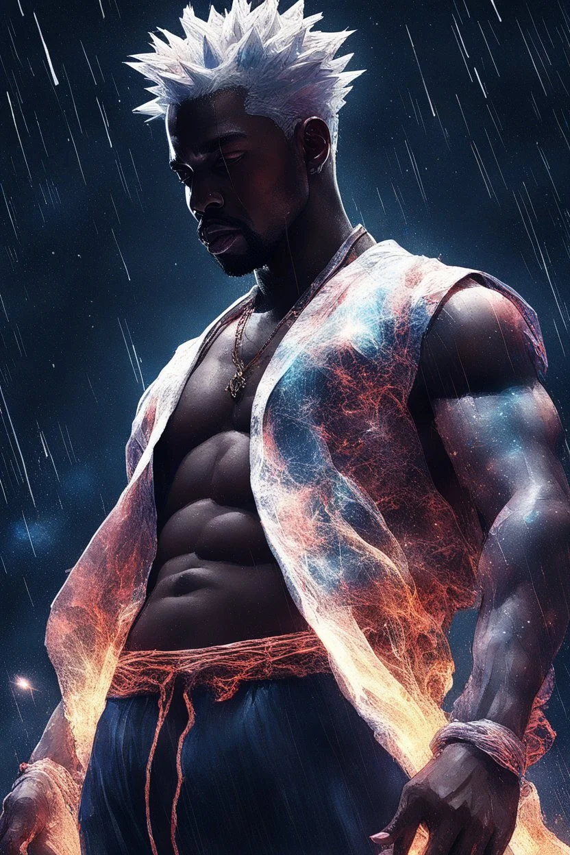 ultra instinct super saiyan Kanye West , Full body, night sky, rain, hyperdetailed , luminism, art by Carne Griffiths and Wadim Kashin concept art, 4k resolution, fractal isometrics details bioluminescens , 3d render, octane render, intricately detailed , cinematic, trending on arts tation Isometric Centered hype reallistic cover photo awesome full color, hand drawn , gritty , intricate, hit definition