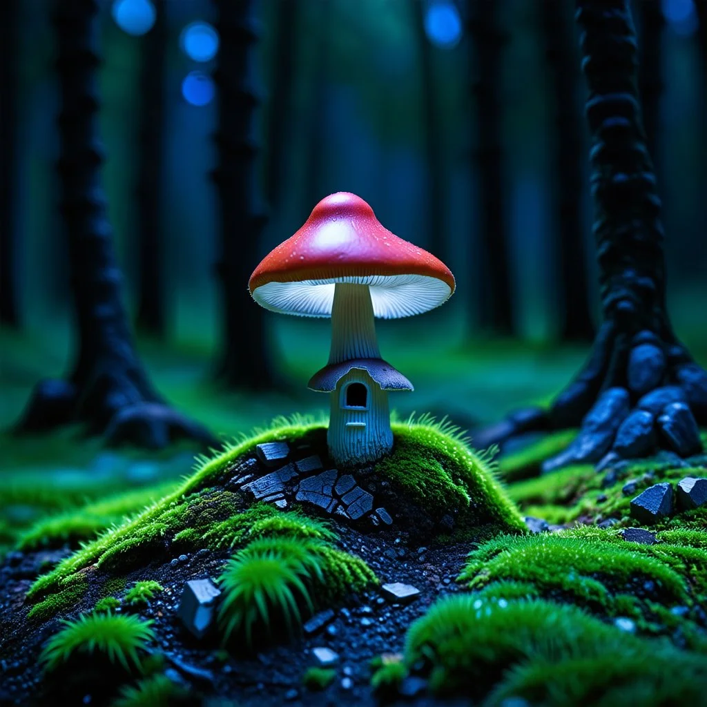 "Close up of a wonderful tiny Mushroom Tower home. indigo and red with bright white, deep black and contrasting tones of gray. Illuminated bioluminescent forest. Professional painter, master at composition. small but detailed. broken, blurred background, voluminous lighting"