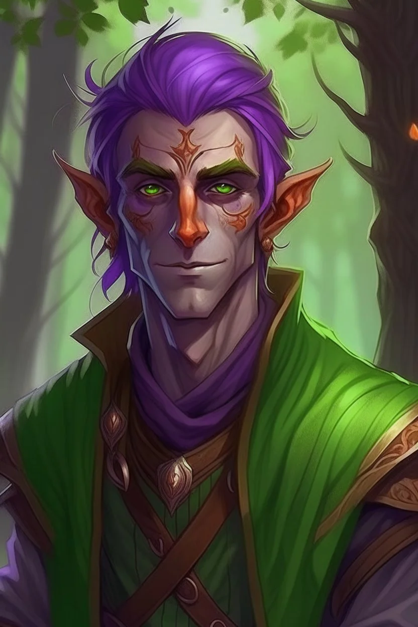 male wood elf, rogue, copper skin, bright green eyes, purple hair, skinny, trees