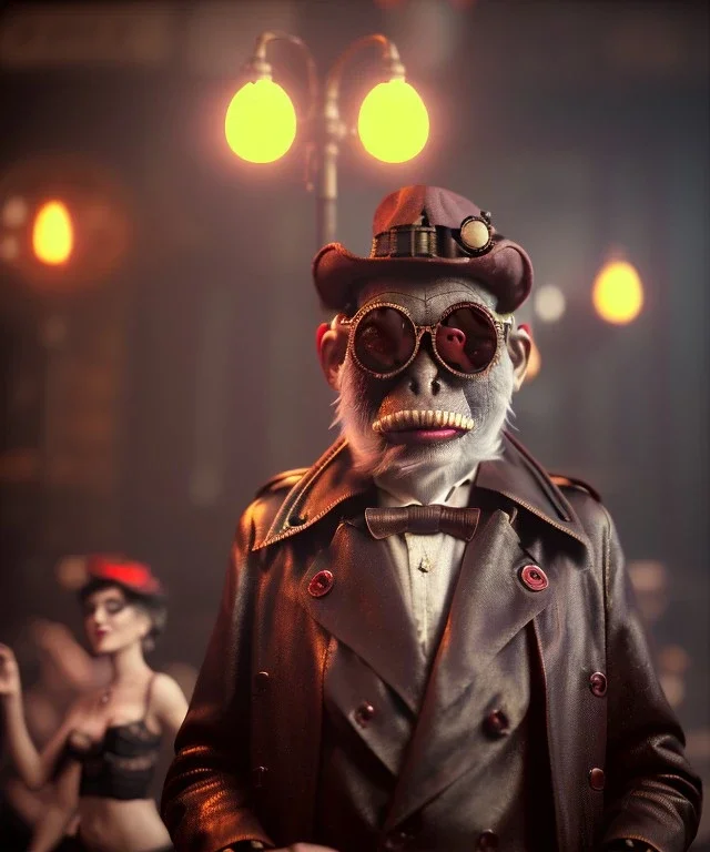 steampunk cabaret scene. old man. little monster monkey, Sunglasses, rain, smoking, happy, hot. Many people background, highly detailed, concept art, unreal engine 5, god rays, ray tracing, RTX, lumen lighting, ultra detail, volumetric lighting, 3d, finely drawn, high definition, high resolution.