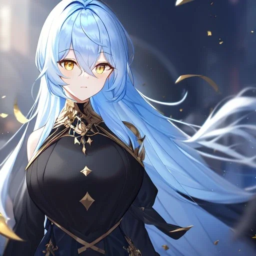 Clear focus, High resolution, Long light blue fluffy hair, hair between eyes, yellow eyes, wearing black magma shorts, detailed outfit, blue and black outfit, gold accessory