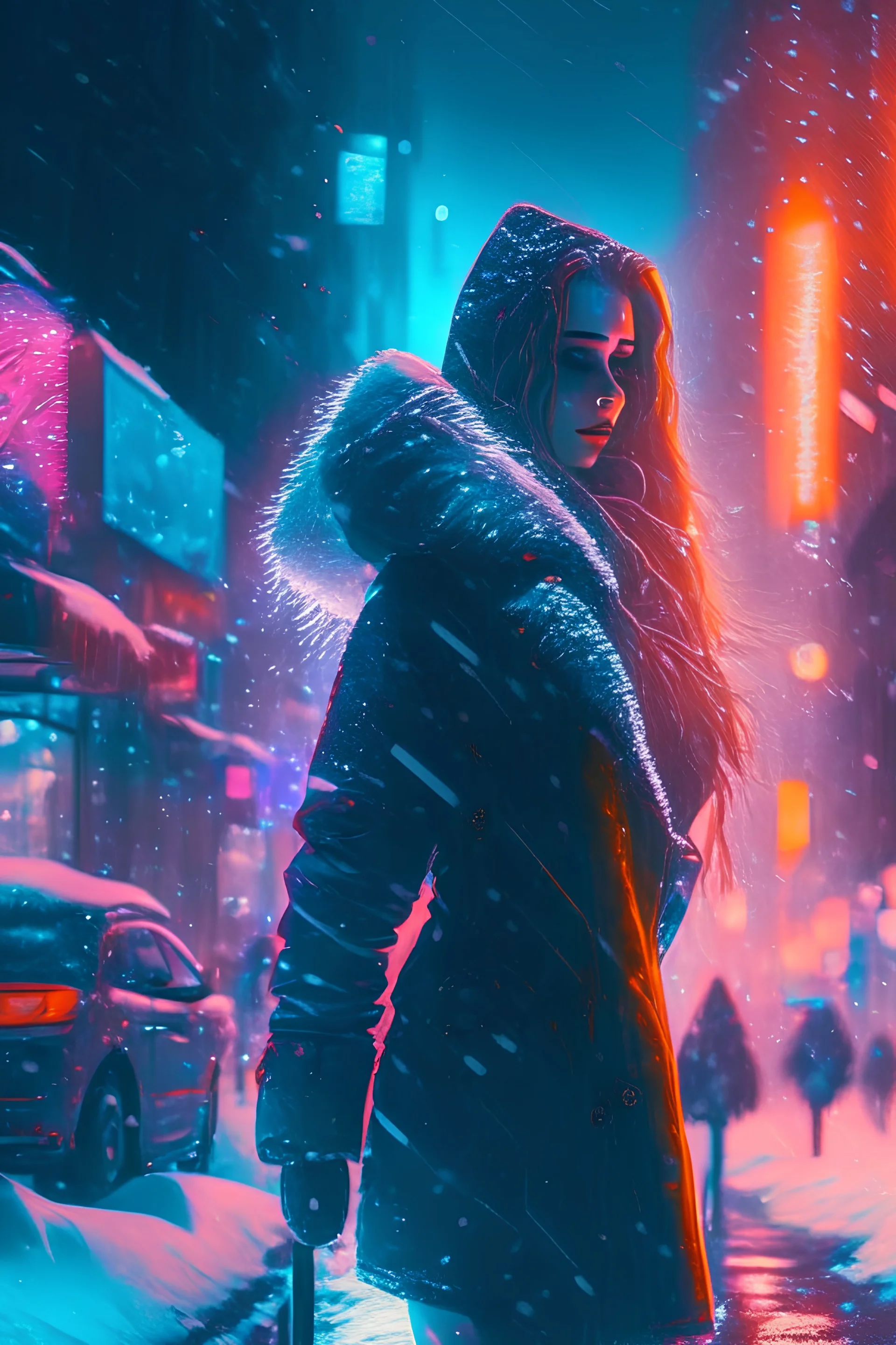 winter, a pretty woman walking on the streets of a modern city, neon lights, snow falling, cold, empty streets, fantasy world, 4k