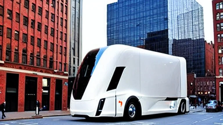 A Tesla semi-truck is parked, on the South Street Seaport, in New York. CINEMATIC. WIDE ANGLE LENS. PHOTO REAL.