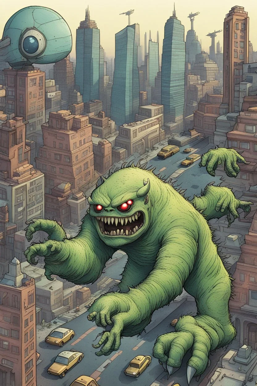 the city of the future, monsters are running around the city