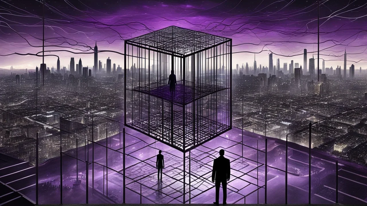 picture an cube like cage with dense bars inner stands a human figure alone , in outside around in the distance big landscape with big city and many fade human figures in the city, dark purple, gray, black, white, brown. Whimsical style and surreal vibe, lonely with neuron network background, surreal stunning vibe