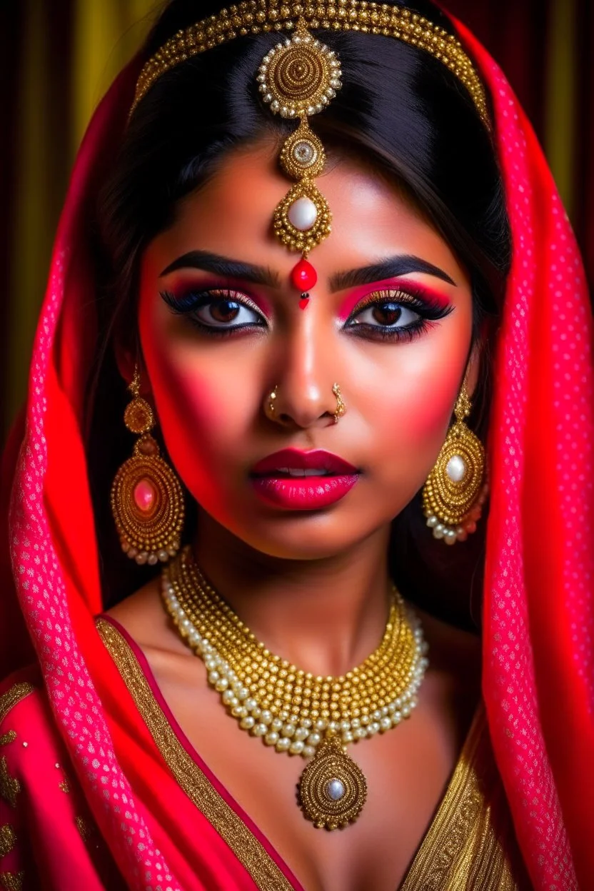 An Indian woman with bridal makeup