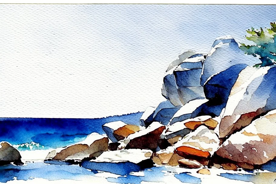 Sunny blue sky, mountains, rocks, winslow homer watercolor paintings