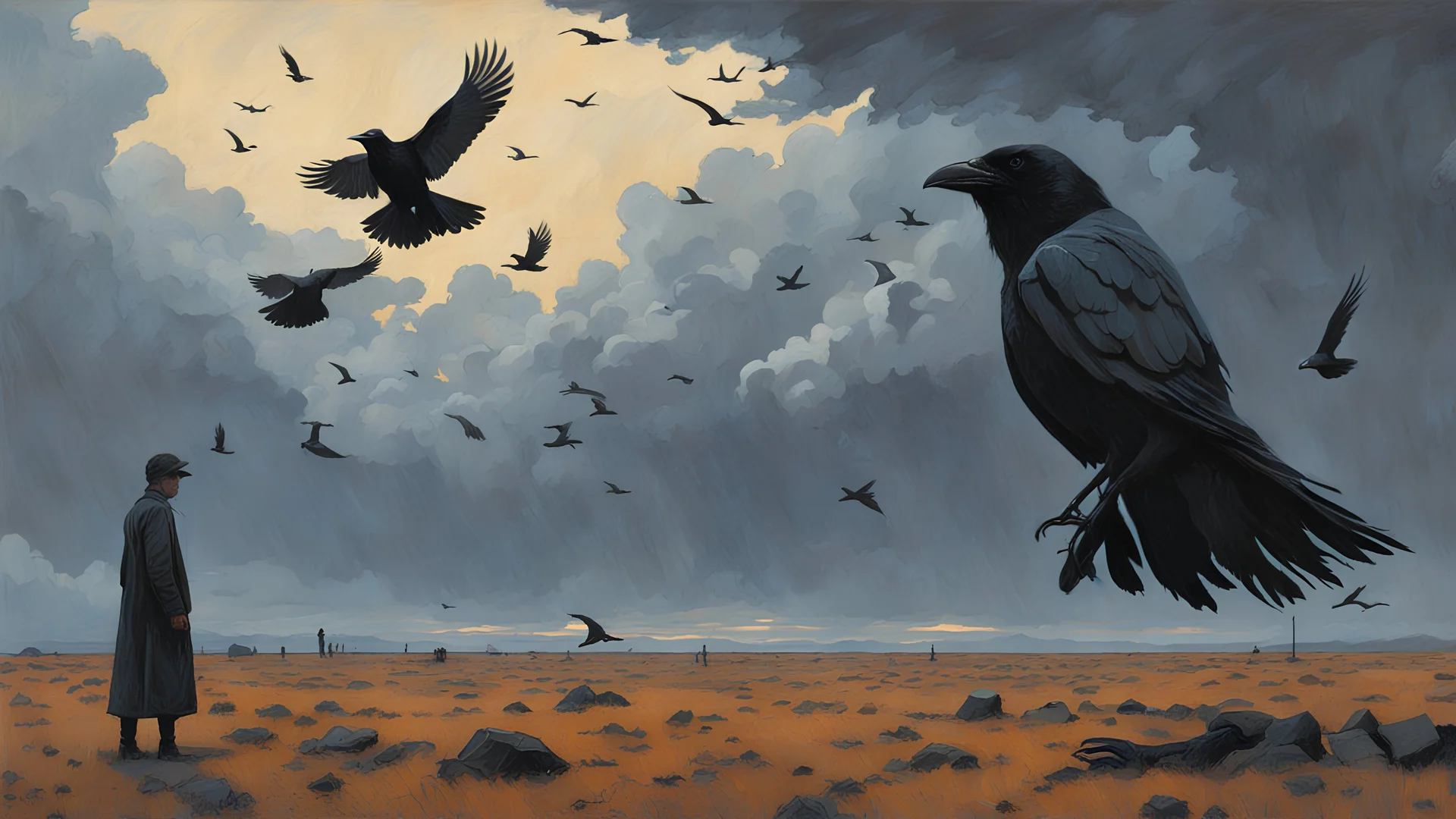 An unkindness of ravens, science fiction painting, Denis Sarazhin, Alex Colville, Simon Stalenhag, ominous sky