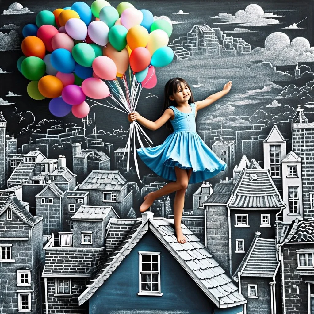 A girl in a blue dress standing tippy toe on the roof of building in chalk-drawn cityscape on a black board, holding a bunch of colorful primary colored balloons.She is standing on the roof of one of the houses, She appears carefree, soaring amidst the whimsical, artistic backdrop of houses.
