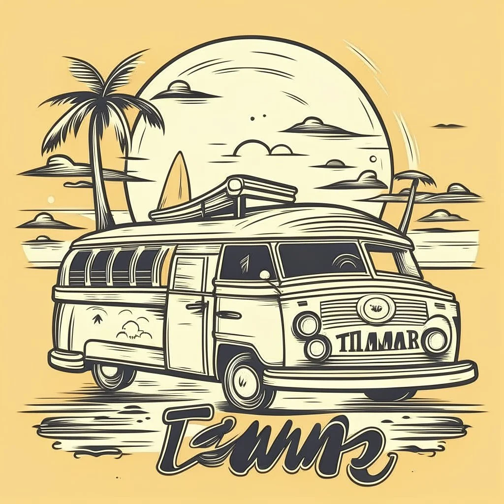 A retro camper van parked by the ocean, nostalgic, carefree, golden hour lighting, T-shirt design graphic, vector, contour, white background. WITH A FISH BEHIND IT AND WORDS\"Summer is a time to relax \"IN WHIT LET-TERS.THE BACK