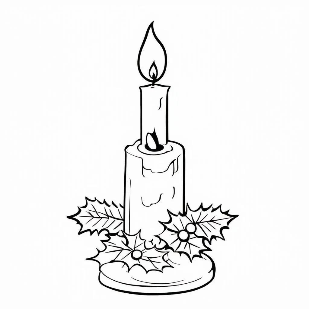 A black and white cute drawing of a Christmas Candle. Only outline, white background,for kids