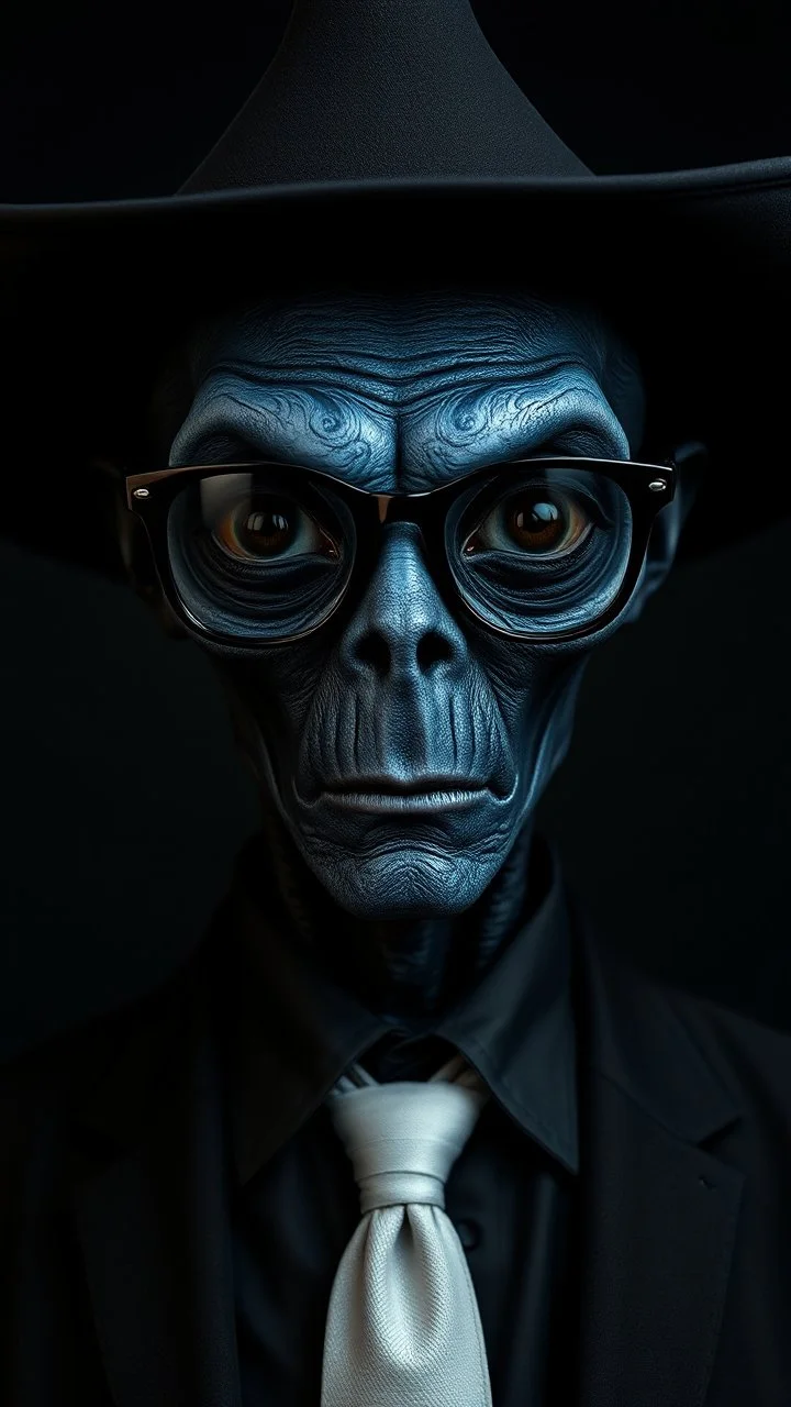 A man in black with a black cowboy hat and dark eyeglasses a body shot of a super blue skin alien, full head, old, looking at the camera, super big head, super big black eyes, small mouth, no ears, total black skin. photo real, hyperrealistic, high dynamic range, rich colors, lifelike texturesv, 8K UHD, high color depth. neutral dark background.warring a white tie