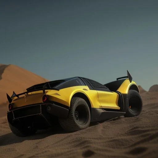 3d rendering. futuristic black yellow car. Buried in desert sand. Lost in Time, cinematic lighting