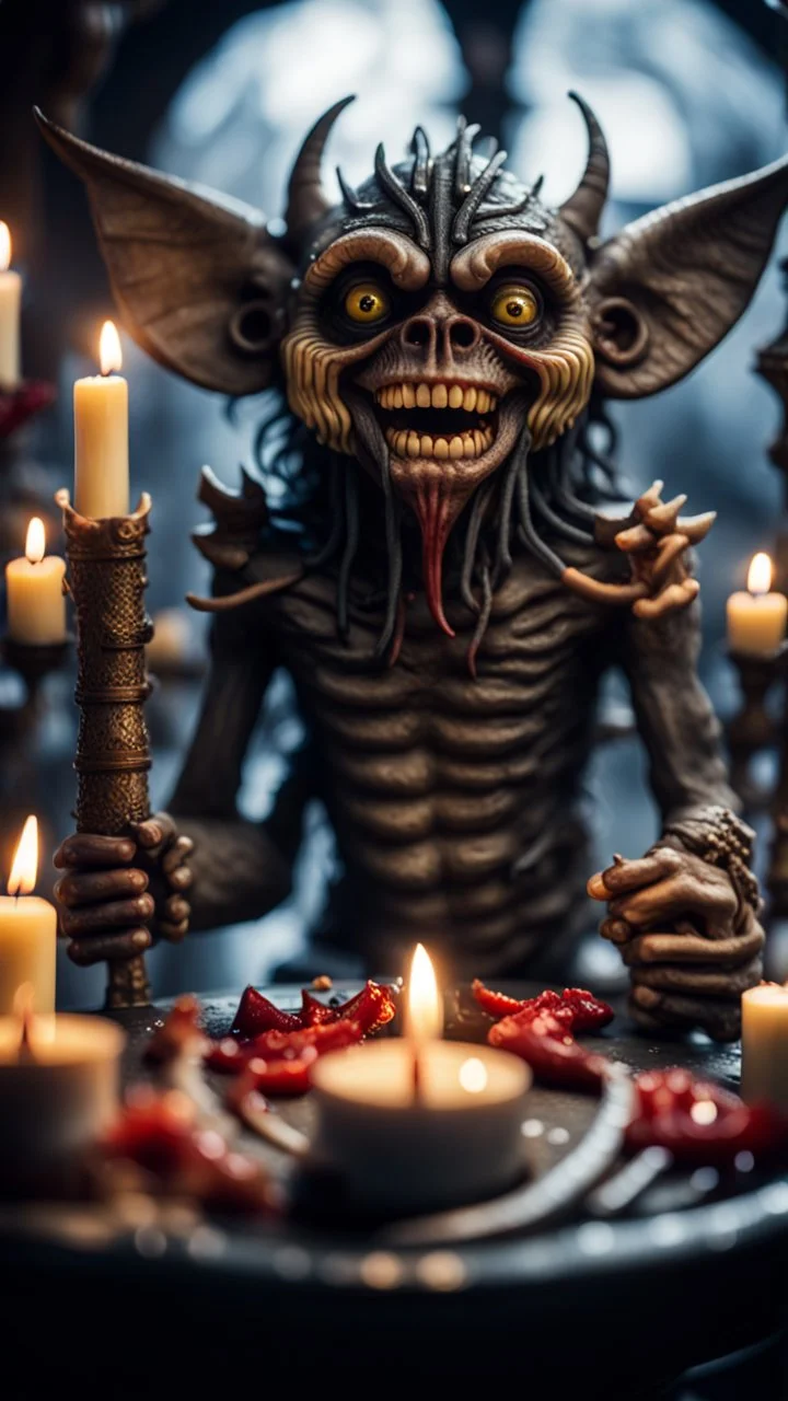 full body portrait of a banana werewolf gremlin star eating candles and the blood of fish on a viking ship, in the style of Giger,bokeh like f/0.8, tilt-shift lens 8k, high detail, smooth render, down-light, unreal engine, prize winning