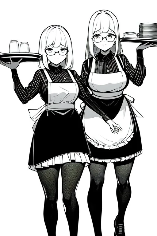 waitress carries tray with glasses in a cafe bar, line arts, greyscale