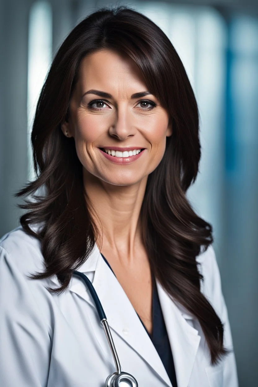 portrait of a kindly faced 40 year old female doctor with dark hair and a smiling expression