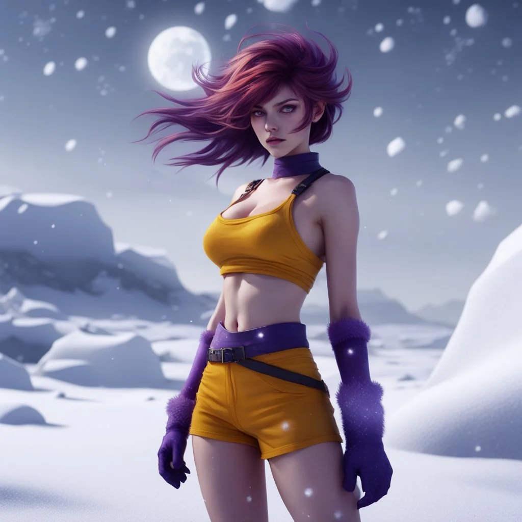 The icy winds of Callisto whipped through the barren landscape, swirling snowflakes dancing in the air like frozen memories. Faye Valentine stood amidst the frozen tundra, her signature yellow crop top and deep purple shorts contrasting vividly against the stark white backdrop. Her sleek, auburn hair cascaded down her back, a fiery mane in the midst of an icy expanse. With a cigarette dangling lazily from her lips, Faye's sharp gaze scanned the horizon, her violet eyes reflecting the cold beauty